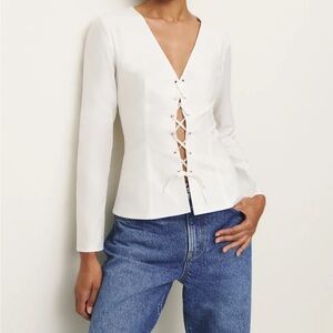 Reformation White Fitted Tie Front 3/4 Sleeve Blouse